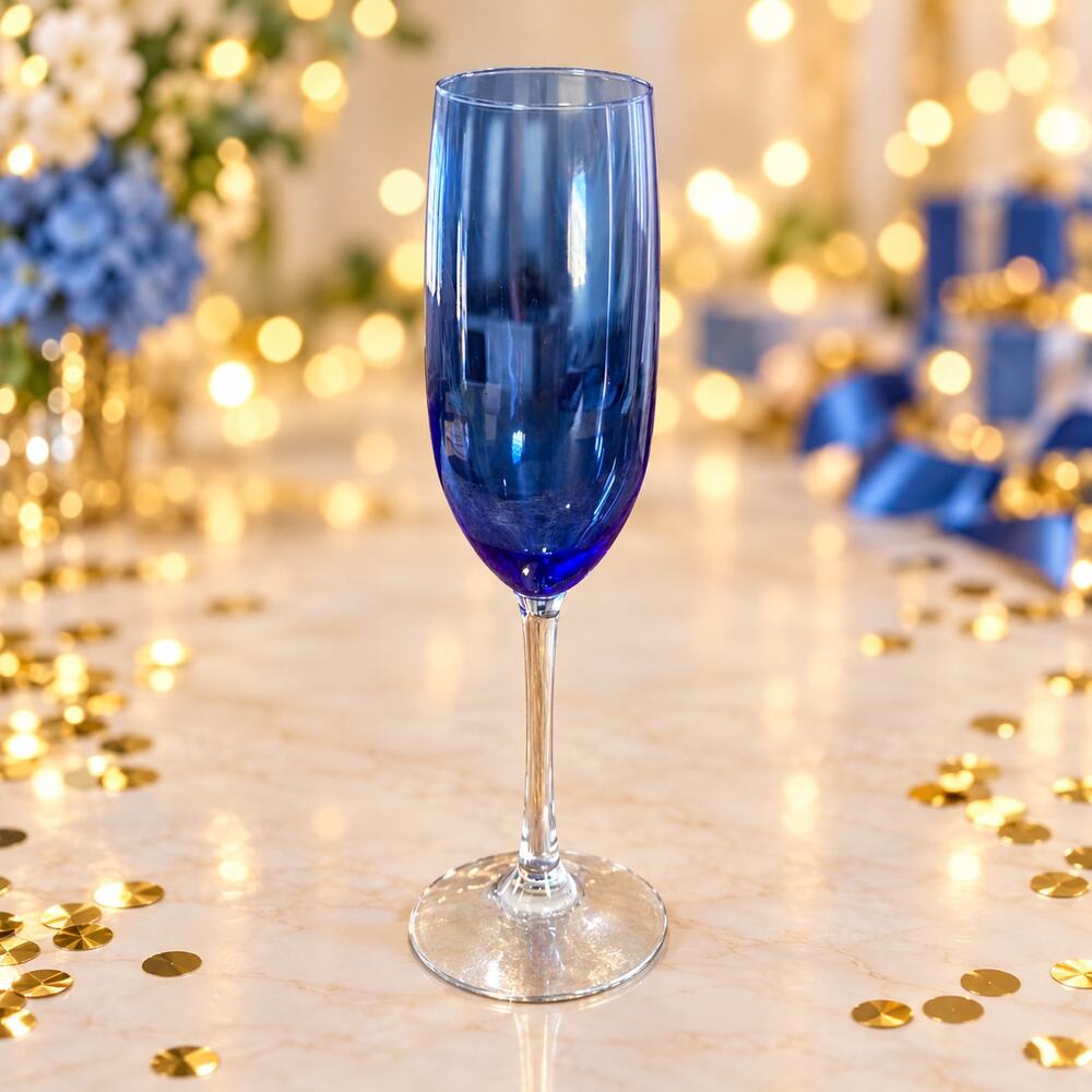 Cobalt Blue Champagne Flutes Glasses Toasting 7.75” H Clear Stem Glass